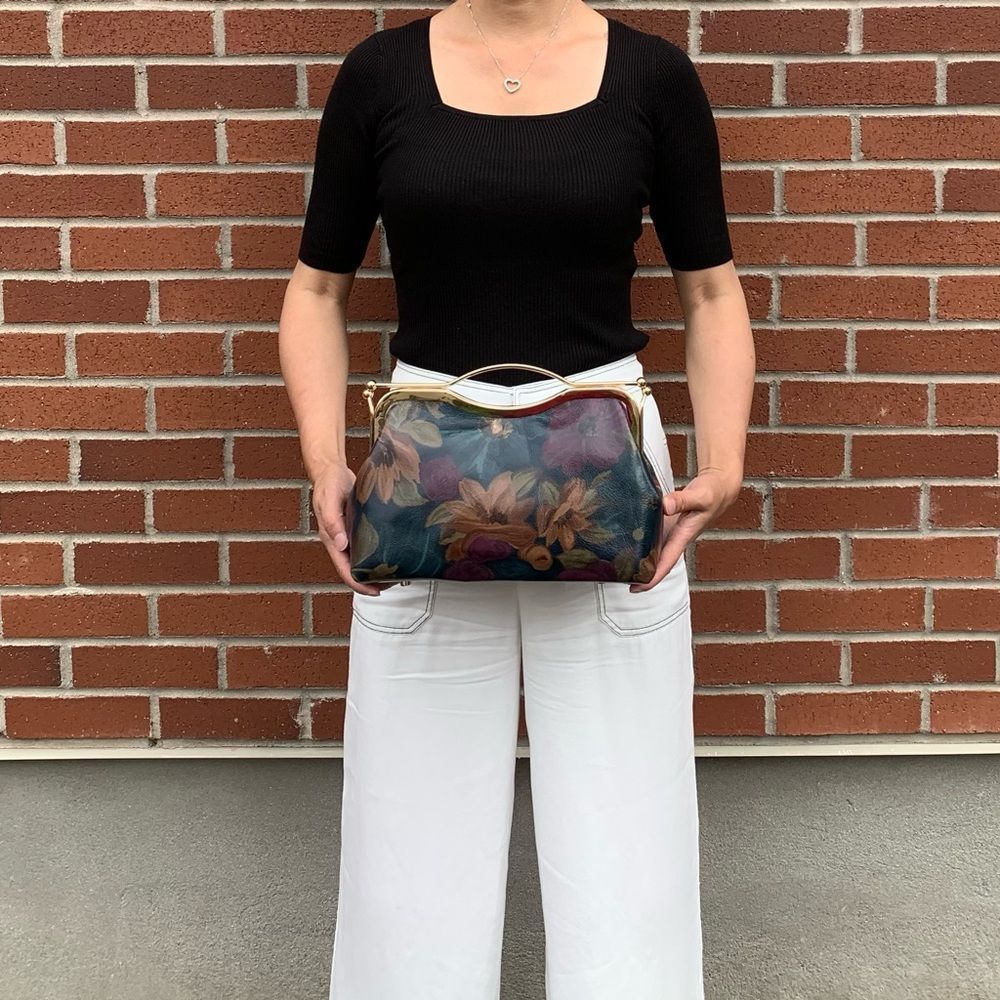 Handmade Large Genuine Printed Floral Cowhide Metal Frame Bag/ Crossbody